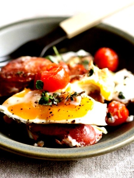 fried eggs and tomatoes.
