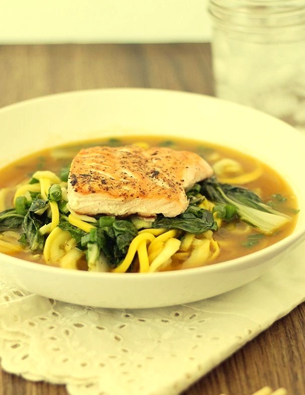 Garlic Ginger Zucchini Noodle Bowl With Salmon And Bok Choy