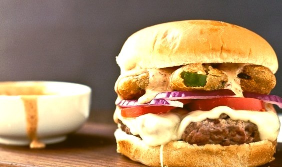 The Firecracker Burger with Friend Jalapenos and Chipotle Ranch