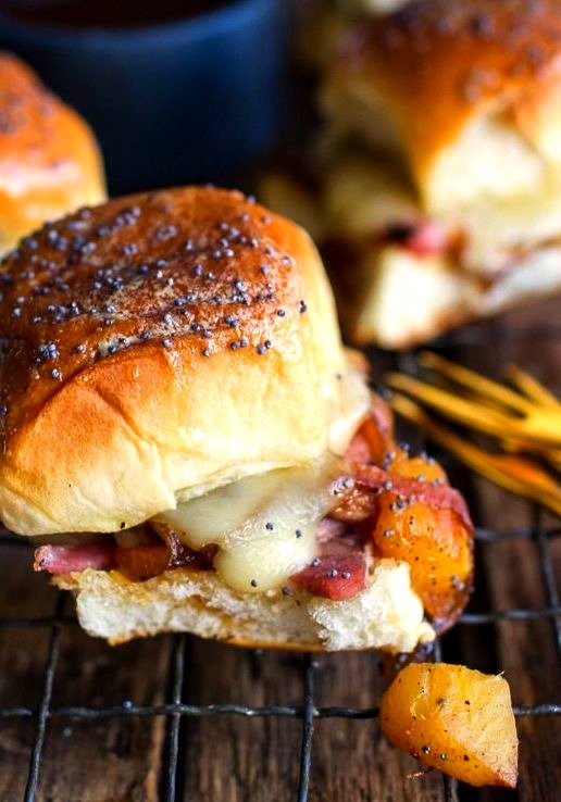 ham & cheese sandwiches with bacon, caramelized onion, pineapple, and jerk bbq sauce